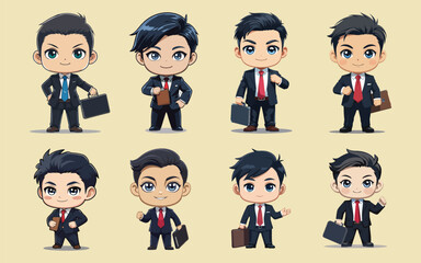 Chibi Businessman Icon Bundle in Cute Anime Style with Suitcase and Tie