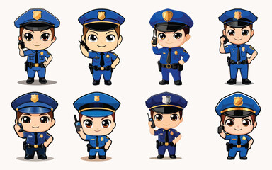Cute Chibi Police Officer Character Bundle Icon Set in Anime Style with Various Adorable Poses