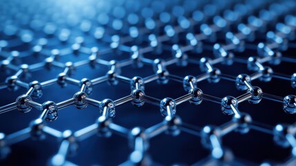 Fototapeta premium Abstract blue molecule structure background. Close-up of a metallic molecular structure against a dark blue background. Abstract molecular structure with transparent molecules.
