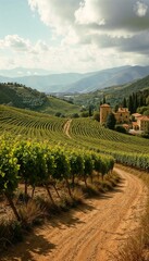Charming vineyard landscape with a winding dirt road and hills
