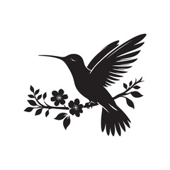 Hummingbird silhouette vector art illustration perched on a branch, showcasing elegance and nature. A captivating silhouette of a hummingbird in flight, poised on a branch adorned with leaves.