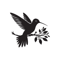 Hummingbird silhouette vector art illustration perched on a branch, showcasing elegance and nature. A captivating silhouette of a hummingbird in flight, poised on a branch adorned with leaves.