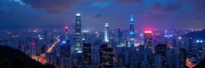Naklejka premium Night panorama of Shenzhen's vibrant downtown skyline, skyscrapers glowing , panorama, modern, lights