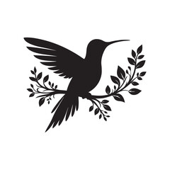 Hummingbird silhouette vector art illustration perched on a branch, showcasing elegance and nature. A captivating silhouette of a hummingbird in flight, poised on a branch adorned with leaves.