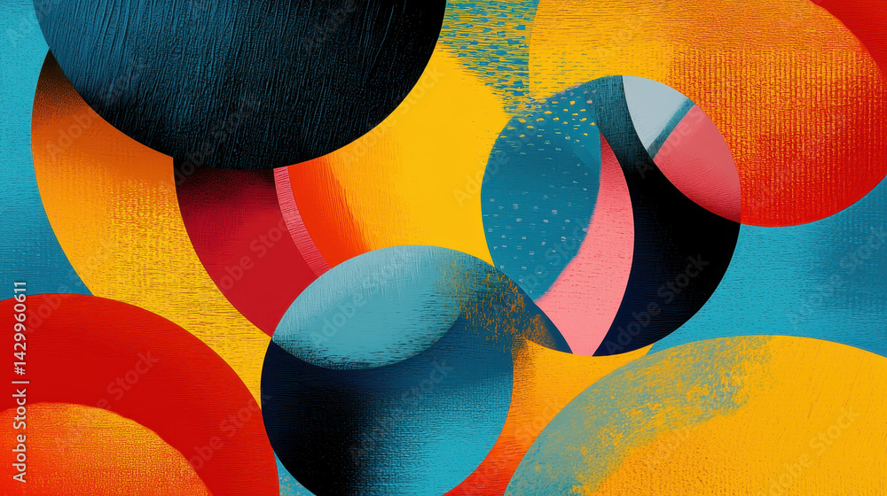 Poster colorful abstract composition featu overlapping circular shapes with vibrant and contrasting hues cr