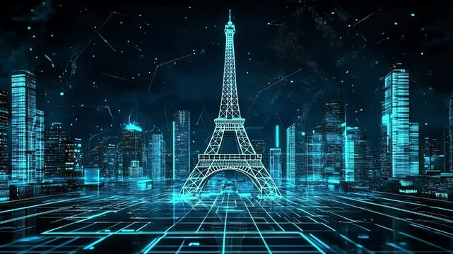 Futuristic Eiffel Tower, Paris; glowing neon lights and grid-like cityscape