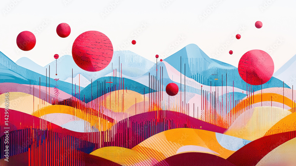 Poster abstract digital landscape with vibrant colorful mountains floating red spheres and blue peaks creat