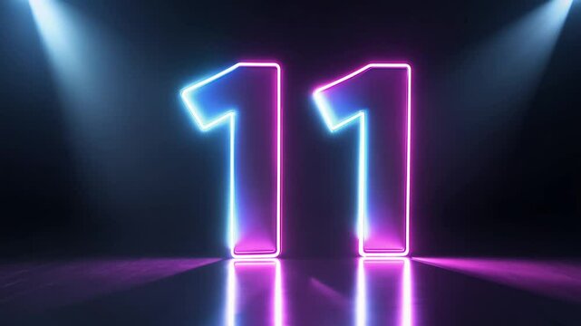 Elegant neon number 11 glows under spotlight, camera pans across sleek black background