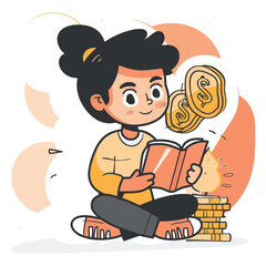 Person Reading Book with Money Symbols - Finance Concept Illustration