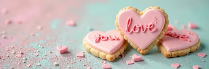 Obraz premium Delicate pale cookies with heartfelt messages, pastel backdrop , instafood, february