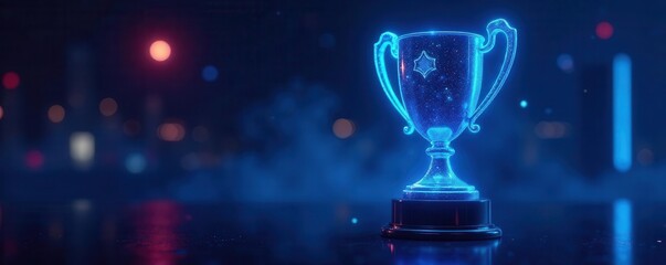 Futuristic trophy, blue neon glow Holographic details , modern, virtual, blue