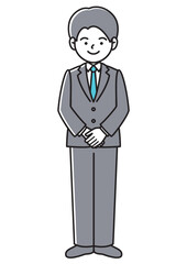 手を前で組んで待機姿勢をとるビジネスマンの正面向きベクターイラスト