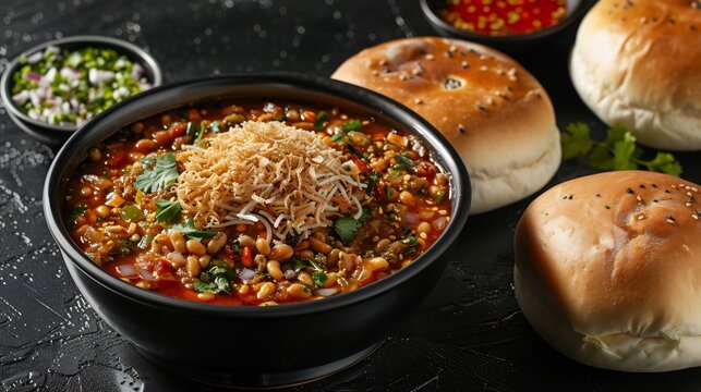Hot spicy misal pav served bowl with crispy farsan topping pav buns on side placed on black textured background Traditional spicy breakfast dish from India 