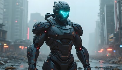 Futuristic combat robot urban ruins science fiction art dystopian environment low angle view cybernetic concept