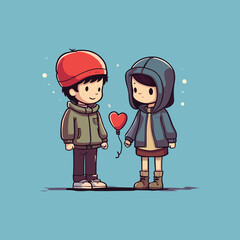 Two Kids Holding Heart Balloon - Cute Love Illustration