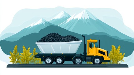Cartoonish Construction Truck Hauling Materials Over Mountain Landscape