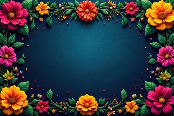 Intricate marigold border surrounds Day of the Dead themed elements, floral pattern, background design