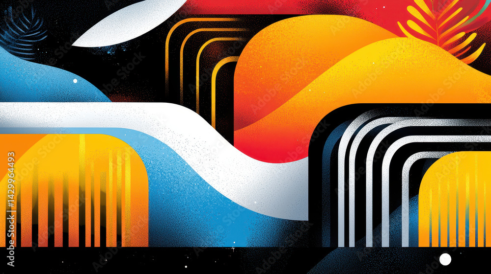 Poster abstract geometric shapes with vibrant colors and flowing lines creating a dynamic modern digital ar