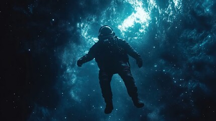 An astronaut floating in the cosmic dark space with starlight