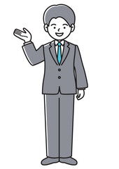 説明、紹介または案内するビジネスマンの正面向きベクターイラスト