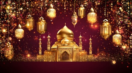 Obraz premium Golden Mosque Ramadan Festive Background Lanterns Glitter