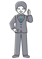 サムズアップで笑顔を見せるビジネスマンの正面向きベクターイラスト