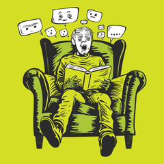 Person reading a scary book, shocked and scared, humorous illustration