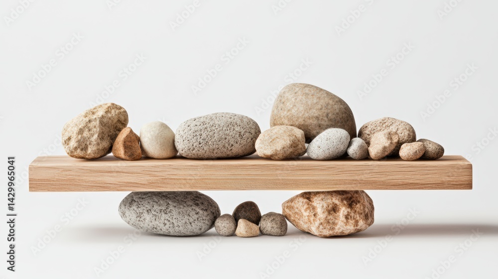 Poster array of various sized smooth stones placed on a wooden balance beam over an empty space on a light 