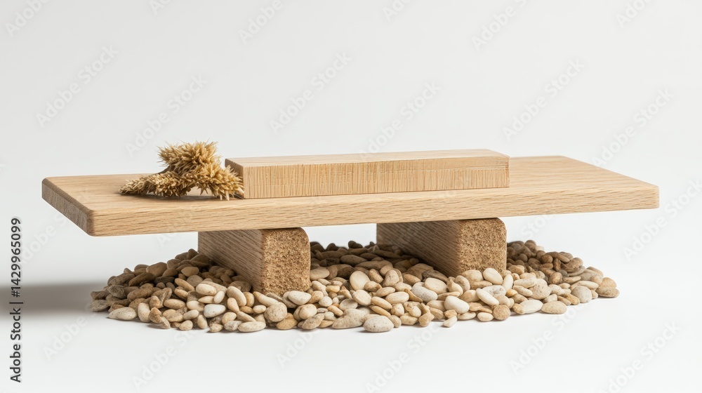 Poster minimalist wooden balance scale with rectangular block resting on textured pebbles against plain whi