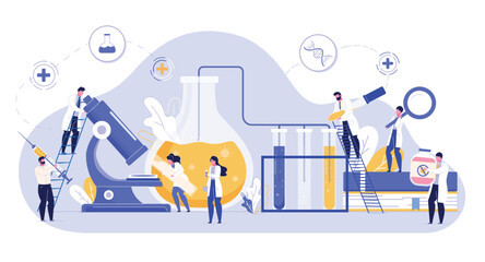 Cartoon scientists collaborate in a lab to research and develop medical solutions © Neko funny