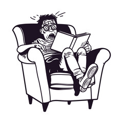 Person reading a scary book, shocked and scared, humorous illustration