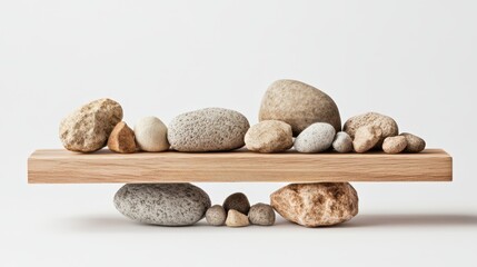 Array of Various Sized Smooth Stones Placed on a Wooden Balance Beam Over an Empty Space on a Light Background for Minimalist and Natural Decor Concept