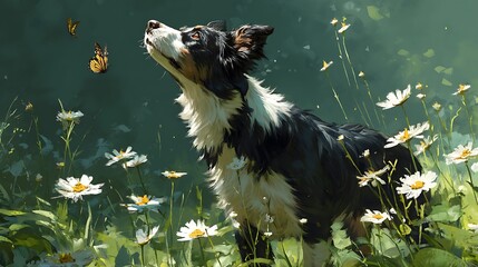 Obraz premium Dog Gazing at Butterfly