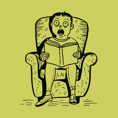 Person reading a scary book, shocked and scared, humorous illustration