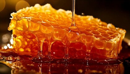 close-up of glowing honeycomb with golden syrup 