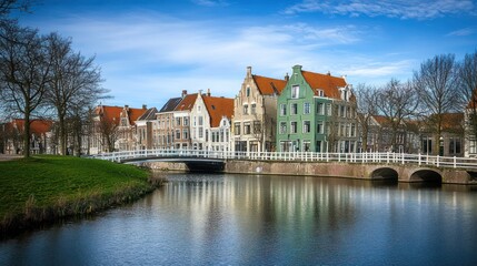 Fototapeta premium Charming historic houses by a canal with bridge in the Netherlands, for travel