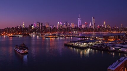 Fototapeta premium New York City skyline at twilight, reflecting on the harbor.