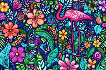 colorful illustration with tropical flowers, leaves, flamingo