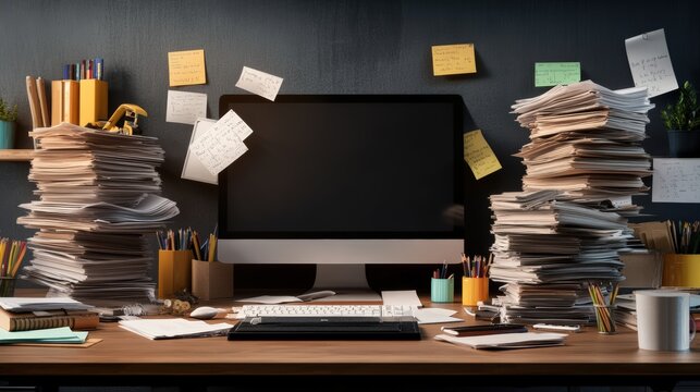 Cluttered office desk with stacks of papers sticky notes and computer monitor in a busy workspace environment bustling with work materials and organization chaos