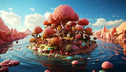 island with candy-shaped trees and a chocolate 