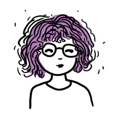 Girl with Curly Purple Hair and Glasses - Hand-drawn Illustration