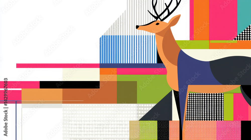 Poster abstract geometric art featu a stylized deer with vibrant colorful blocks and patterns in a modern d