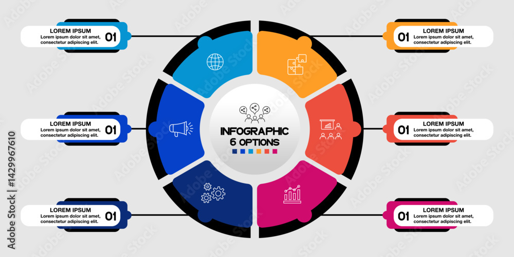 Poster infographic circular diagram with 6 options. round chart that can be used for business analytics, da