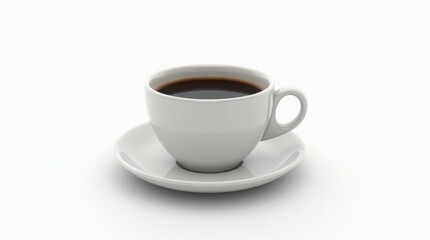 Photorealistic studio shot, ceramic white coffee cup with saucer filled with black coffee, isolated on clean white background