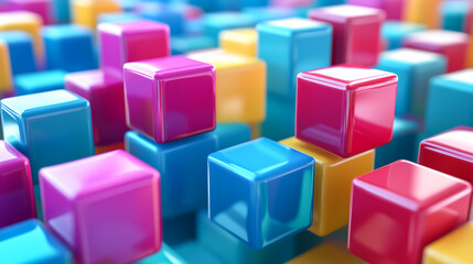 Obraz premium Glossy colorful cubes arranged in varying heights and vibrant tones of pink, blue, and yellow, illustrating the concept of structure, variation, and modern creativity in a playful abstract.
