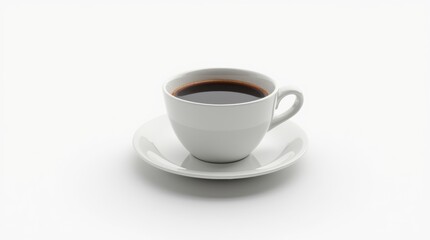 Obraz premium Photorealistic studio shot, ceramic white coffee cup with saucer filled with black coffee, isolated on clean white background