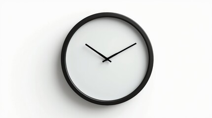 Photorealistic studio shot, classic round wall clock with black frame and white face, black hour and minute hands, isolated on pure white background 