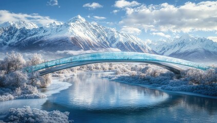 Winter wonderland bridge over frozen river