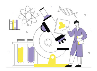 Scientists Lab Microscope DNA atom and test tubes surround a figure holding results