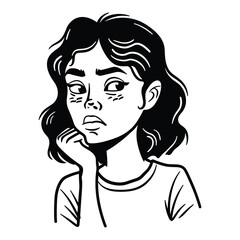 Young woman looking up thoughtfully, pondering, cartoon illustration